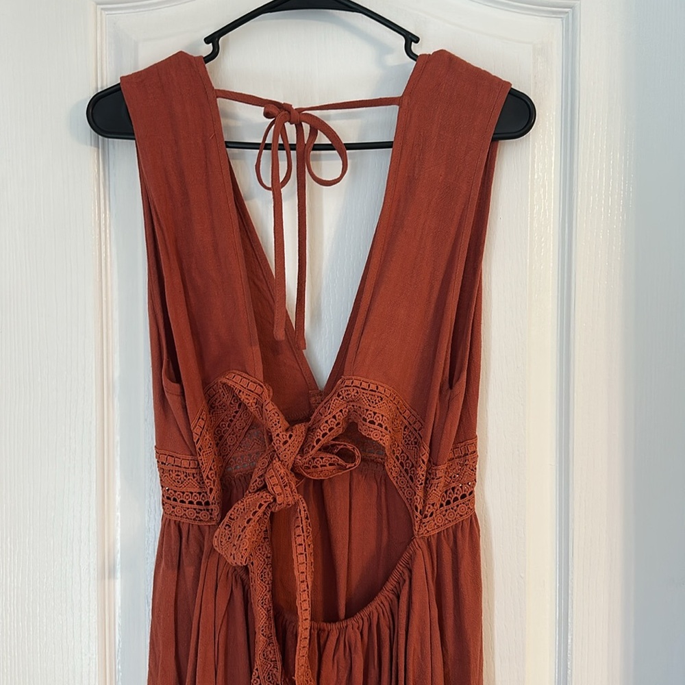 Women's Sexy Boho V-Neck Dress Tie Back Burnt Orange - Large - Picture 3 of 3